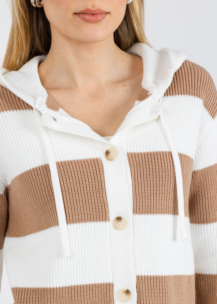 BK Holly Hooded Rugby Cardigan in Camel/Ivory available at Barbara Katz