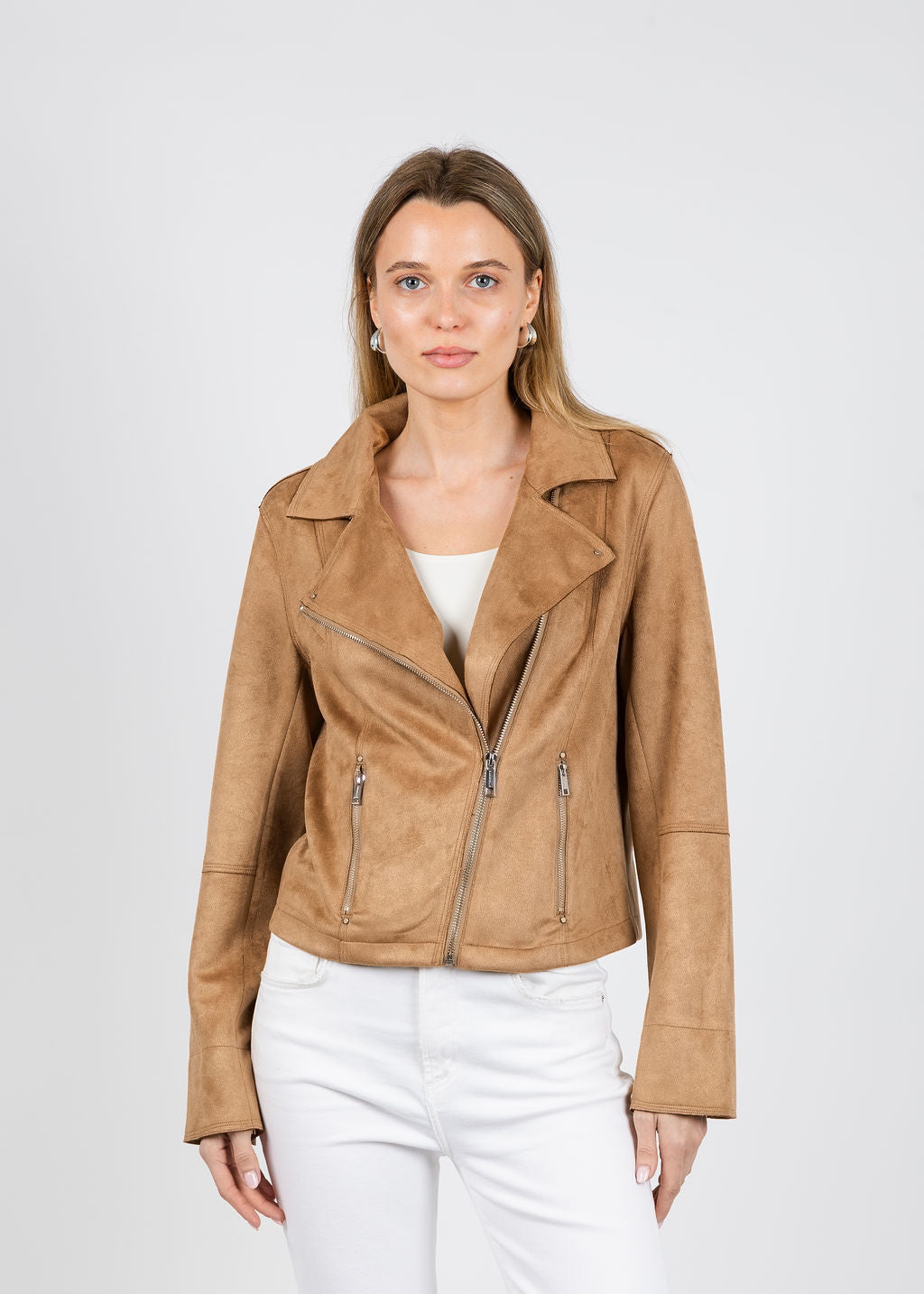 BK Ine Faux Suede Biker Jacket in Burlywood available at Barbara Katz