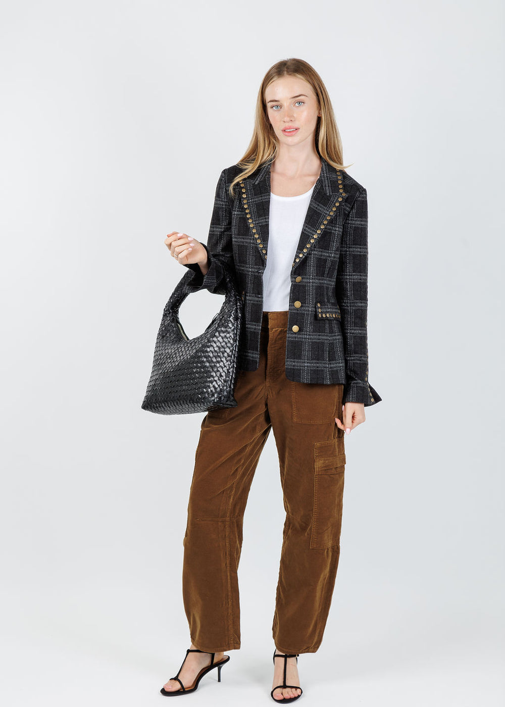 BK Jay Plaid Studded Jacket in Black paired with Citizens of Humanity Marcelle Low Slung Easy Cargo Corduroy in Manuka available at Barbara Katz