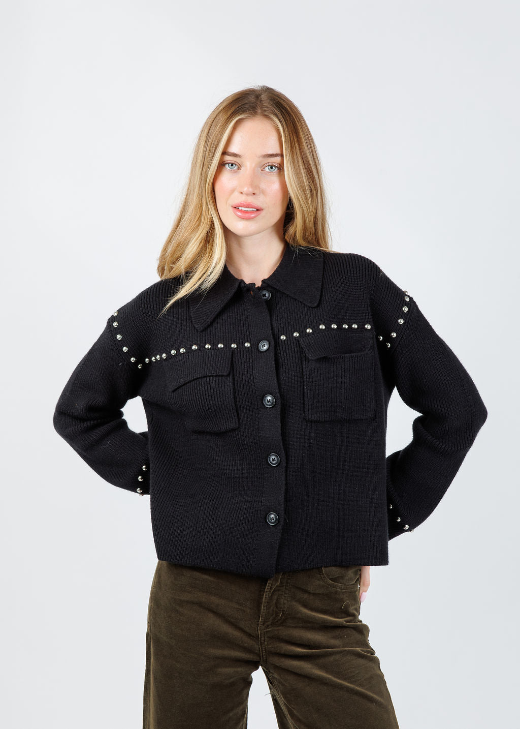 BK Jay Studded Sweater Jacket in Black available at Barbara Katz