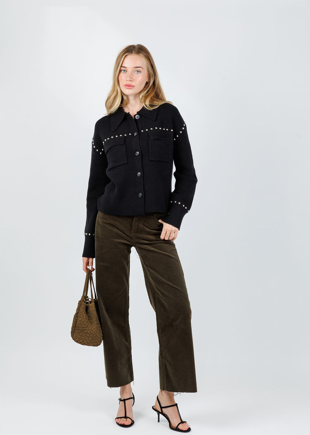 BK Jay Studded Sweater Jacket in Black paired with Citizens of Humanity Lyra Wide Leg Crop Corduroy in Costes available at Barbara Katz