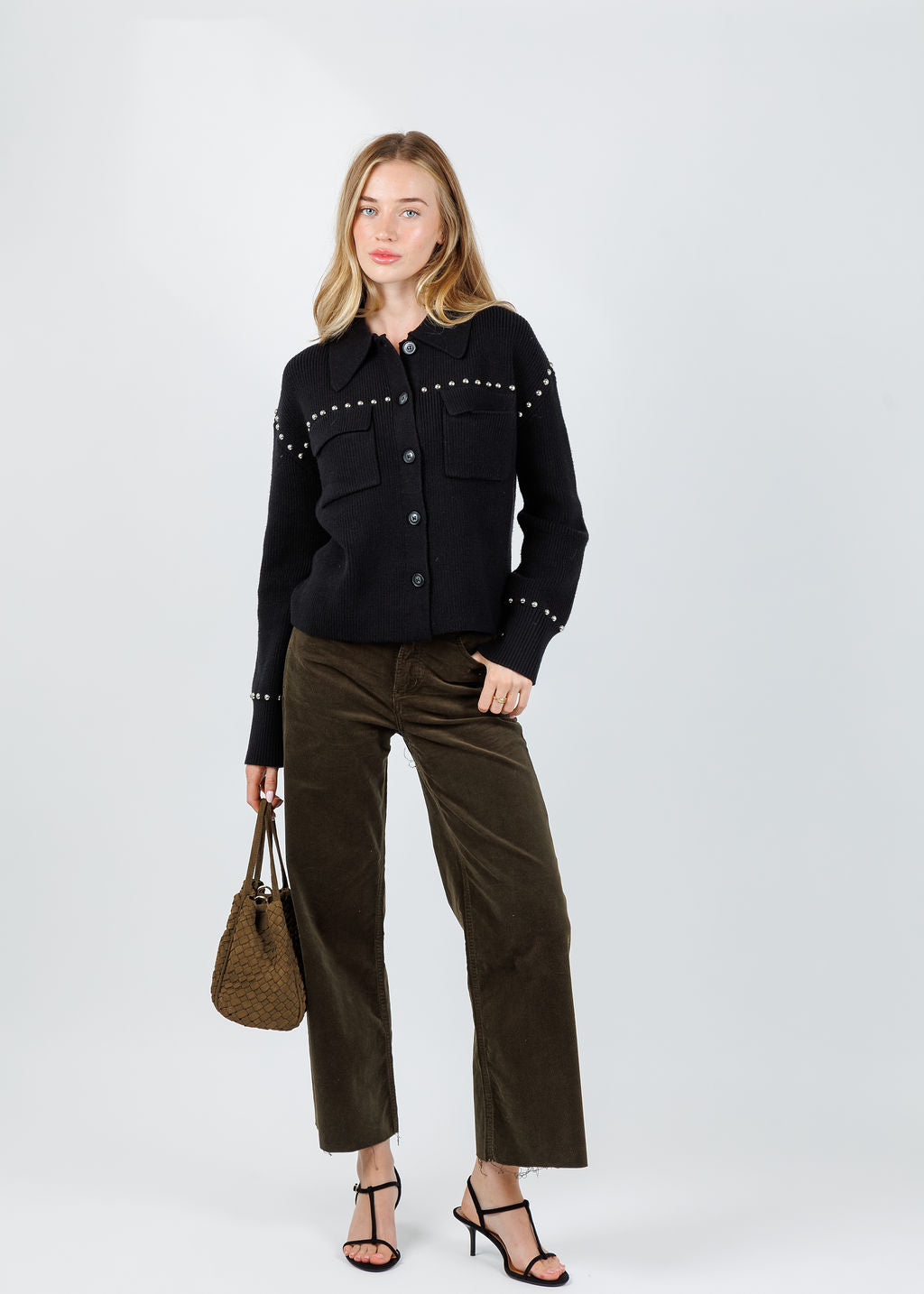 BK Jay Studded Sweater Jacket in Black paired with Citizens of Humanity Lyra Wide Leg Crop Corduroy in Costes available at Barbara Katz