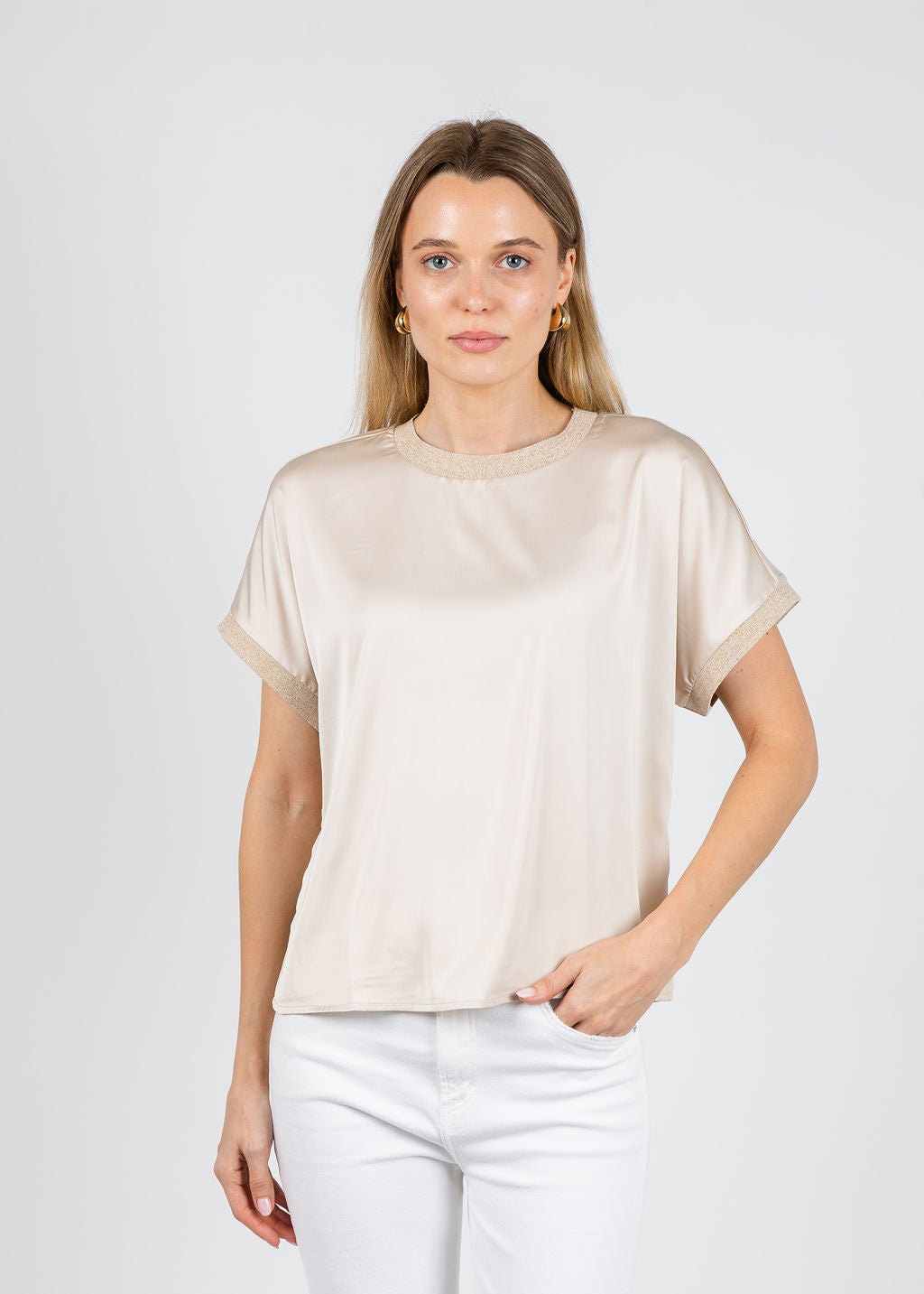 BK Jonah Crew Neck Trim Top in Caffe Latte available at Barbara Katz