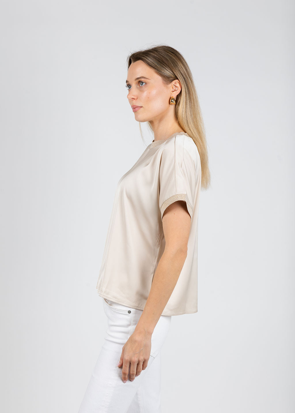 BK Jonah Crew Neck Trim Top in Caffe Latte available at Barbara Katz