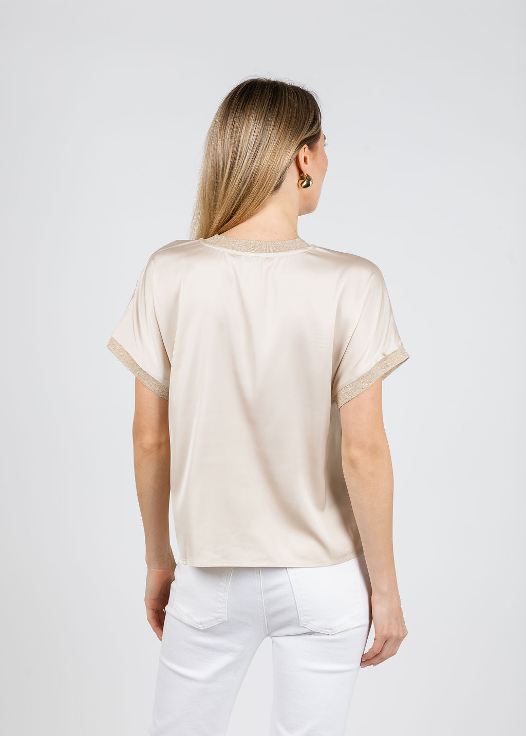 BK Jonah Crew Neck Trim Top in Caffe Latte available at Barbara Katz