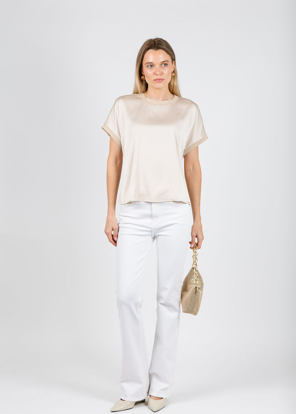 BK Jonah Crew Neck Trim Top in Caffe Latte available at Barbara Katz