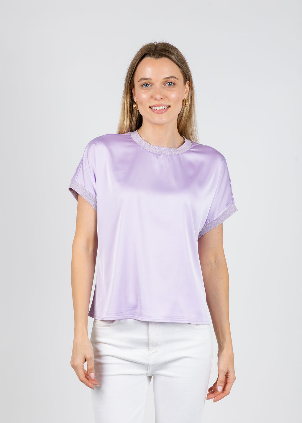 BK Jonah Crew Neck Trim Top in Lilac available at Barbara Katz