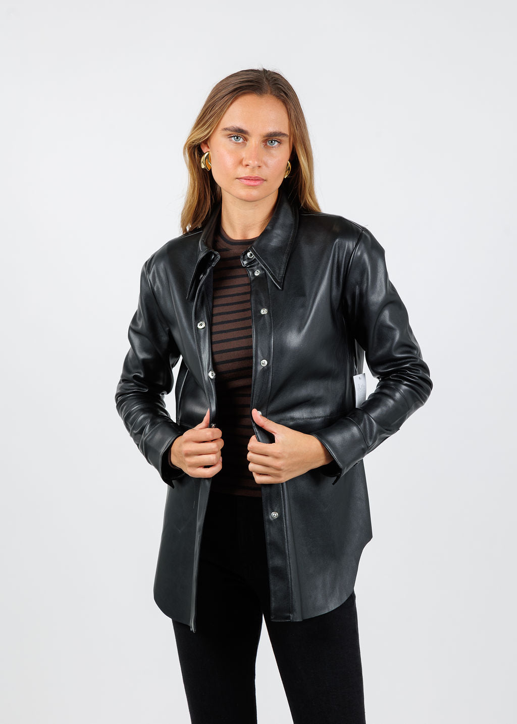 BK Julia Metallic Vegan Leather Shacket in Black available at Barbara Katz