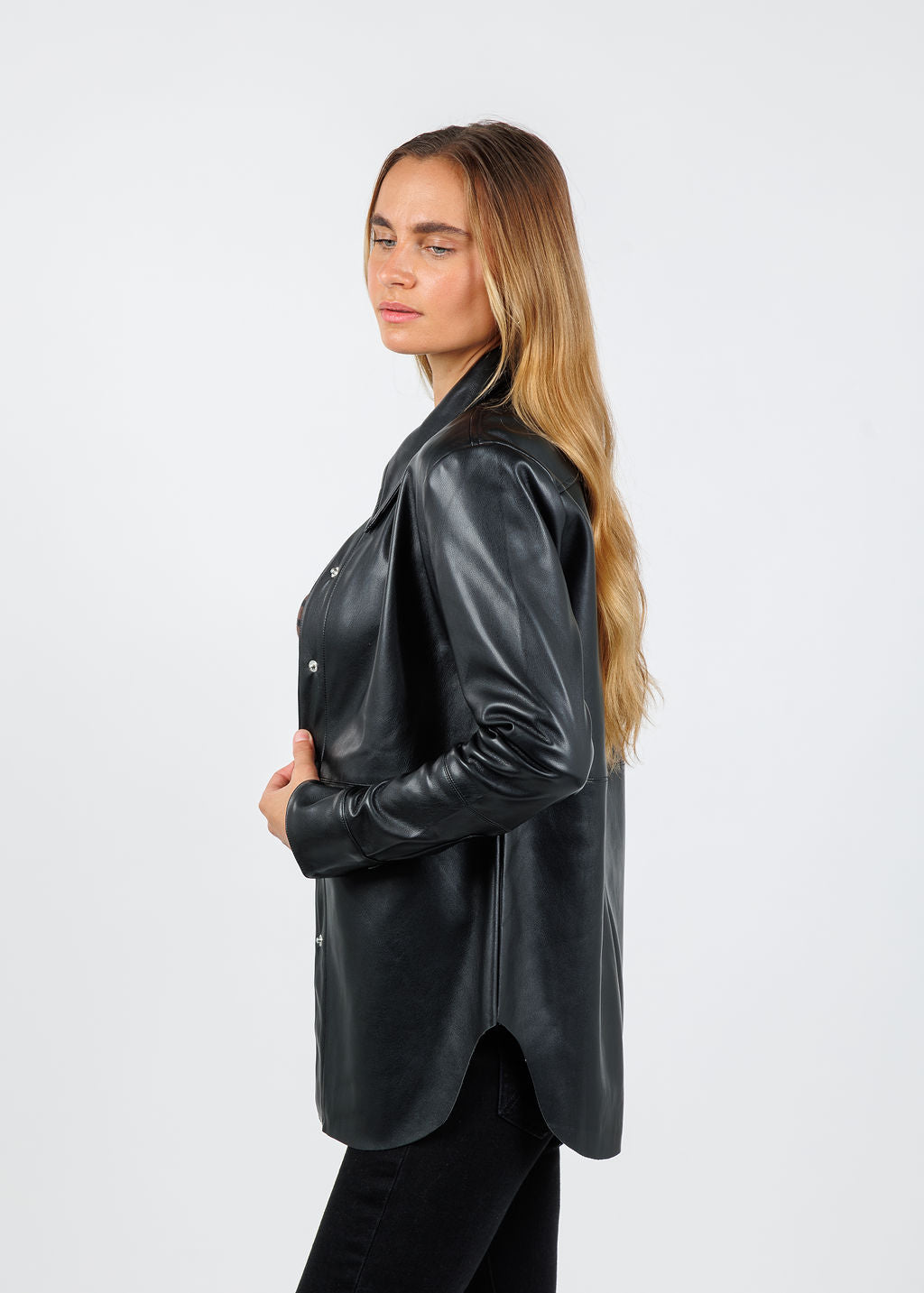 BK Julia Metallic Vegan Leather Shacket in Black available at Barbara Katz