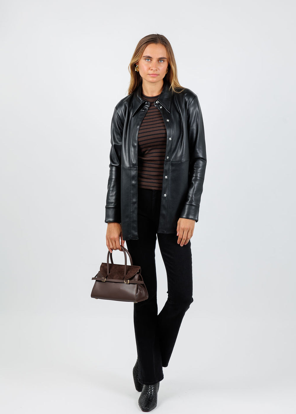 BK Julia Metallic Vegan Leather Shacket in Black available at Barbara Katz