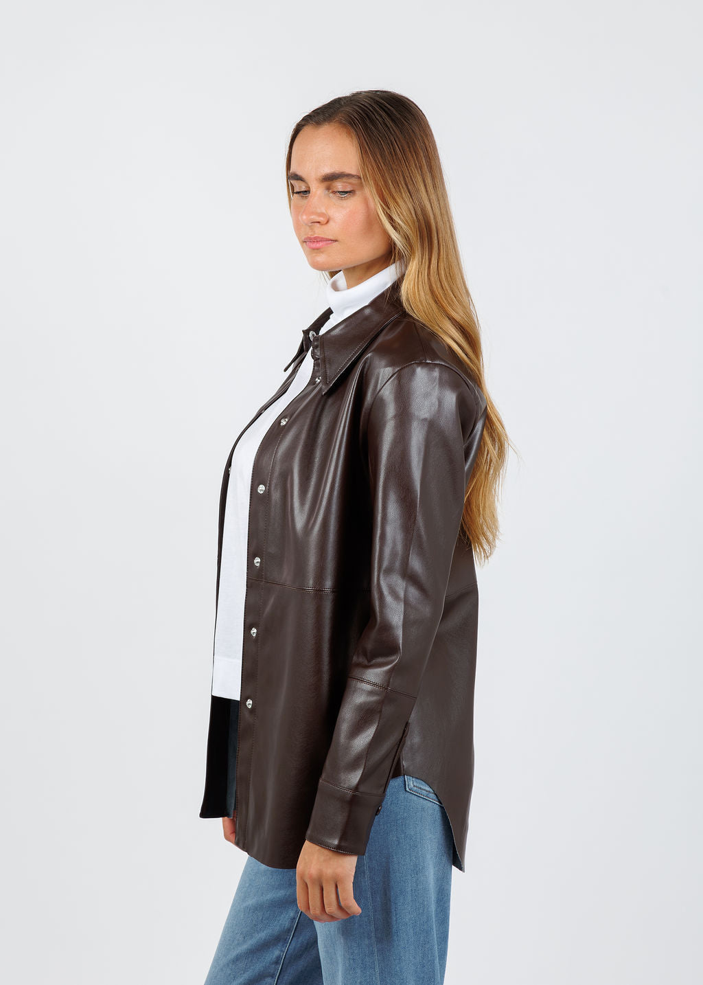 BK Julia Metallic Vegan Leather Shacket in Coffee available at Barbara Katz