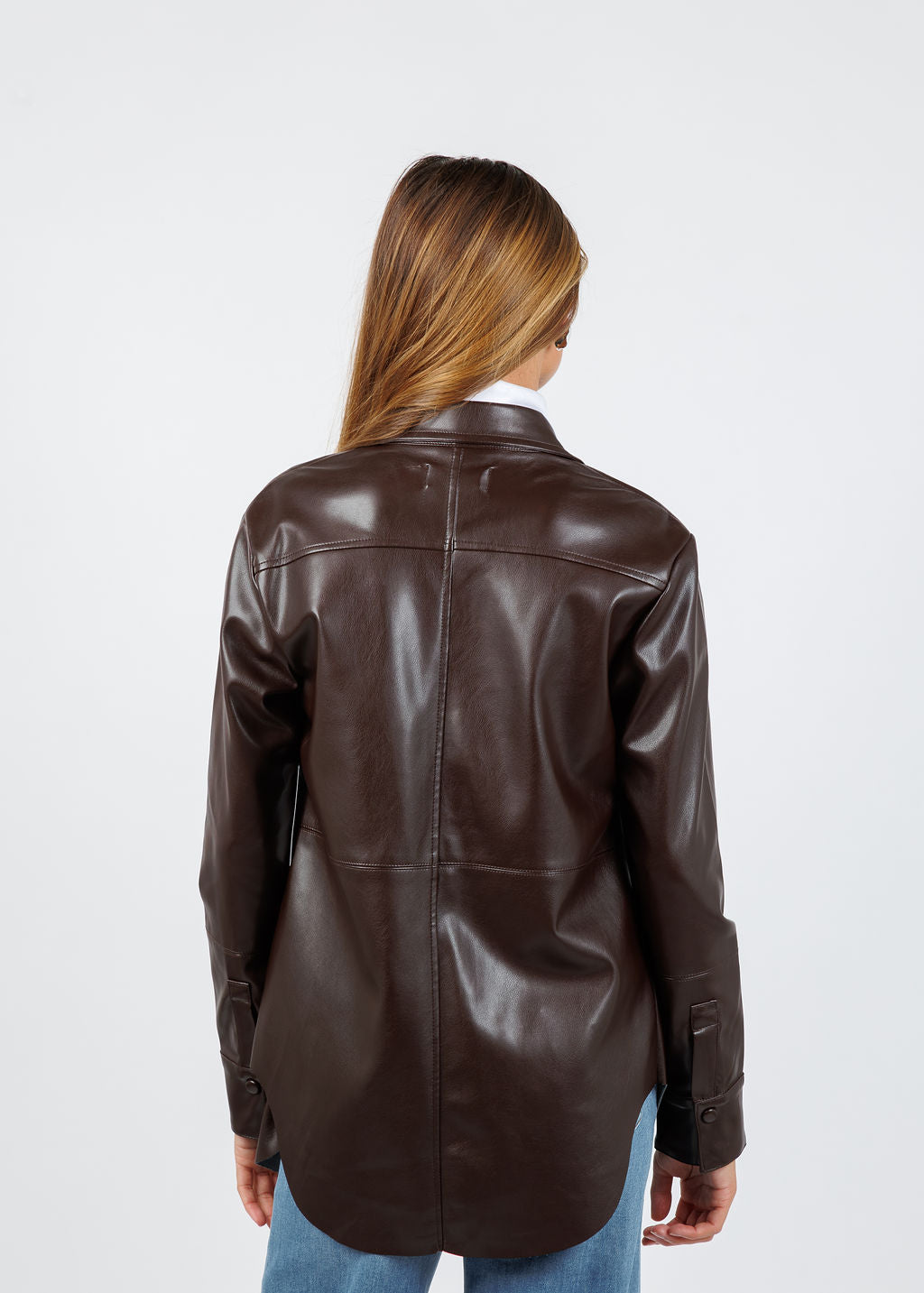 BK Julia Metallic Vegan Leather Shacket in Coffee available at Barbara Katz