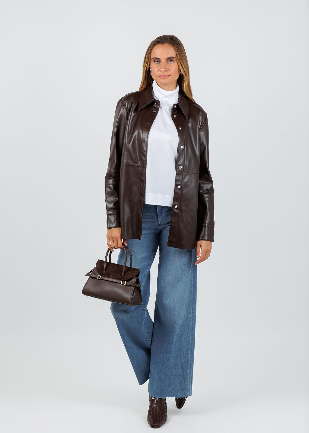BK Julia Metallic Vegan Leather Shacket in Coffee available at Barbara Katz