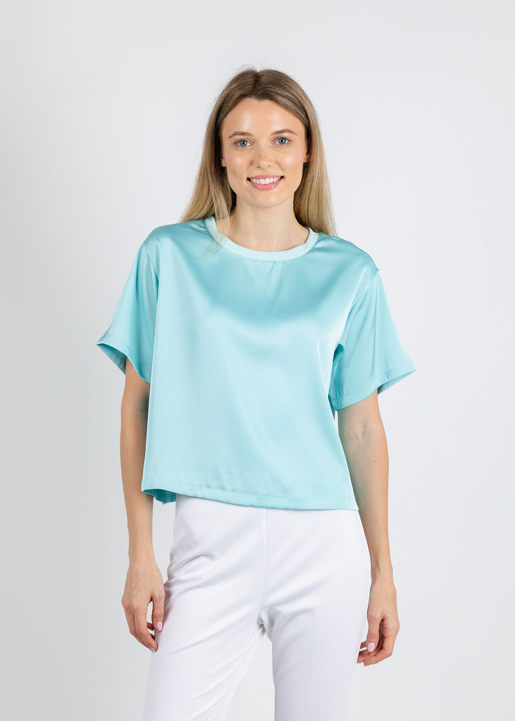 BK Kaitilin Silky Boxy Tee in Turquoise available at Barbara Katz