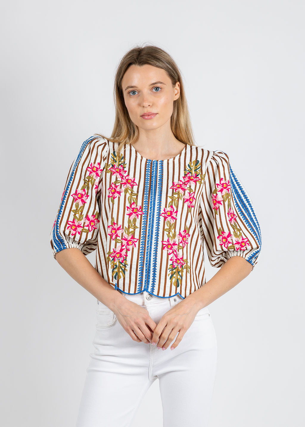 BK Karen Flowers & Stripes Blouse in Cream available at Barbara Katz