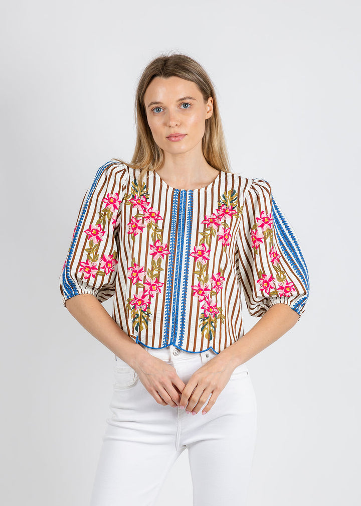 BK Karen Flowers & Stripes Blouse in Cream available at Barbara Katz