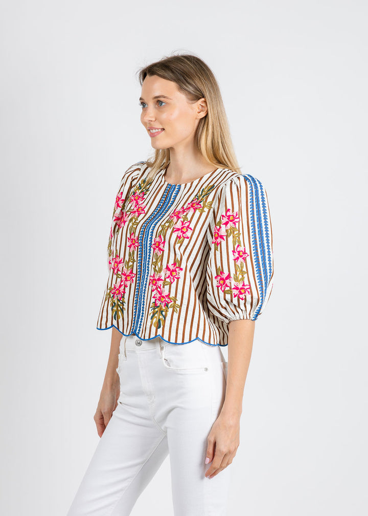 BK Karen Flowers & Stripes Blouse in Cream available at Barbara Katz