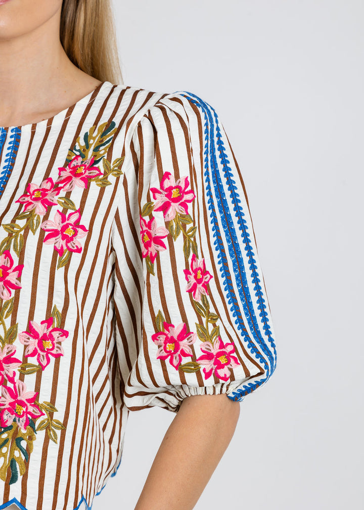 BK Karen Flowers & Stripes Blouse in Cream available at Barbara Katz