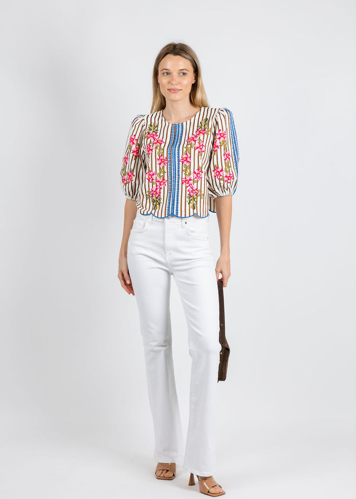 BK Karen Flowers & Stripes Blouse in Cream available at Barbara Katz