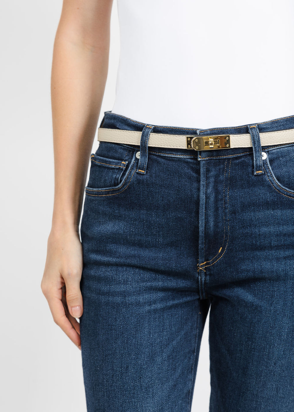 BK Leather Click Belt in Beige Leather/Gold available at Barbara Katz