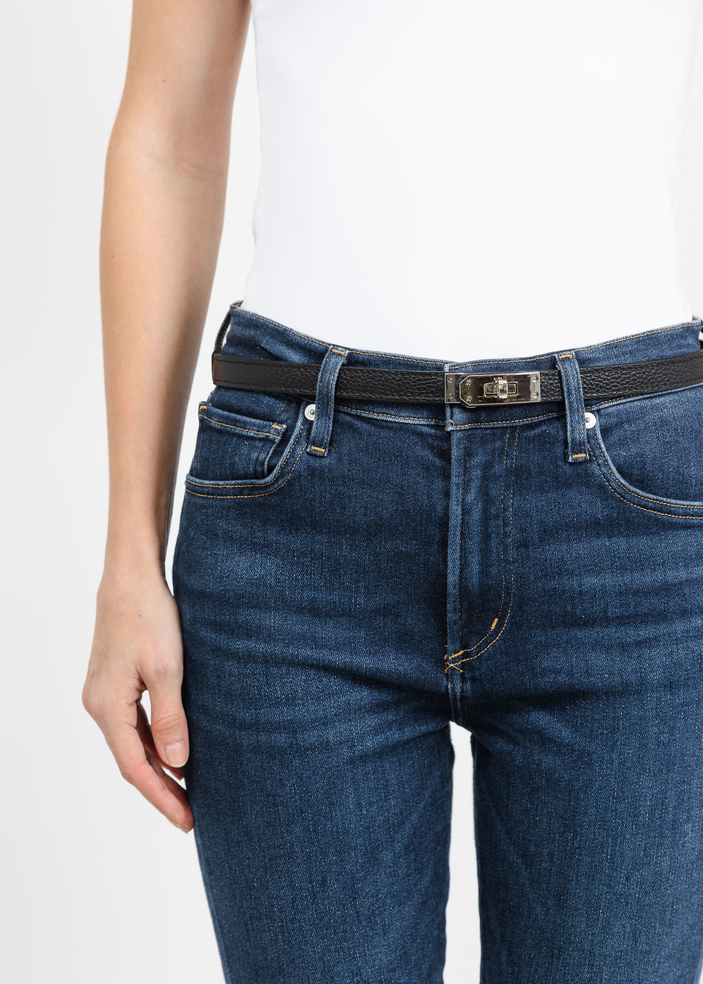 BK Leather Click Belt in Beige Leather/Silver available at Barbara Katz