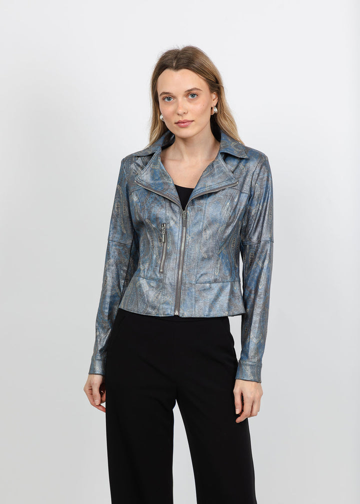 BK Liquid Printed Metallic Vegan Leather Jacket in Dusk Shades available at Barbara Katz