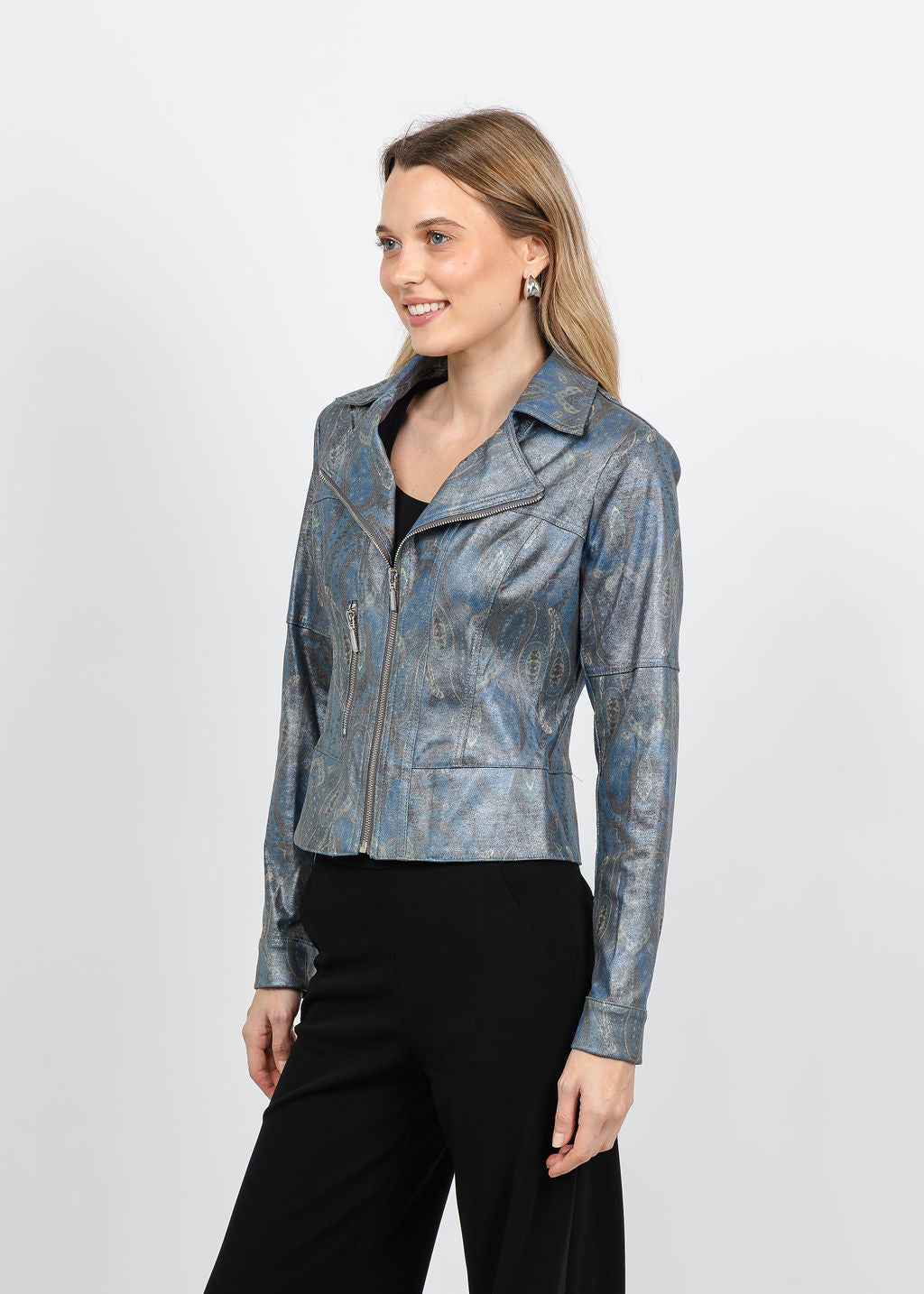 BK Liquid Printed Metallic Vegan Leather Jacket in Dusk Shades available at Barbara Katz
