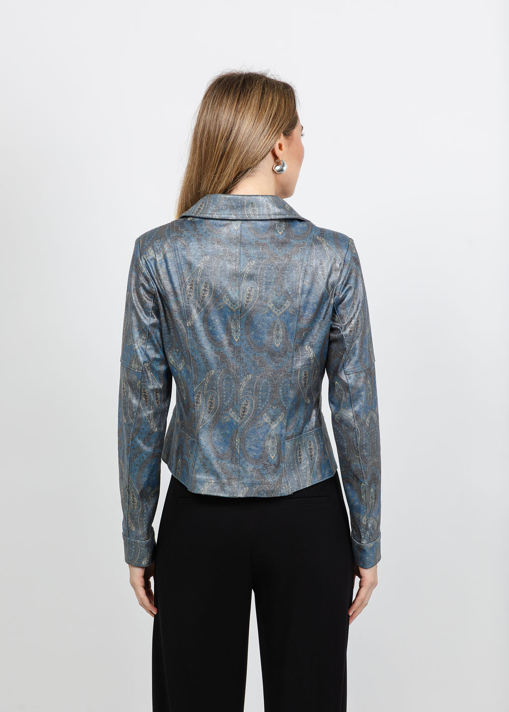 BK Liquid Printed Metallic Vegan Leather Jacket in Dusk Shades available at Barbara Katz