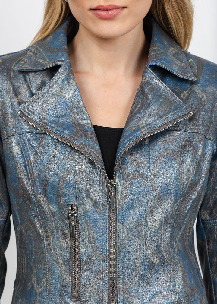 BK Liquid Printed Metallic Vegan Leather Jacket in Dusk Shades available at Barbara Katz