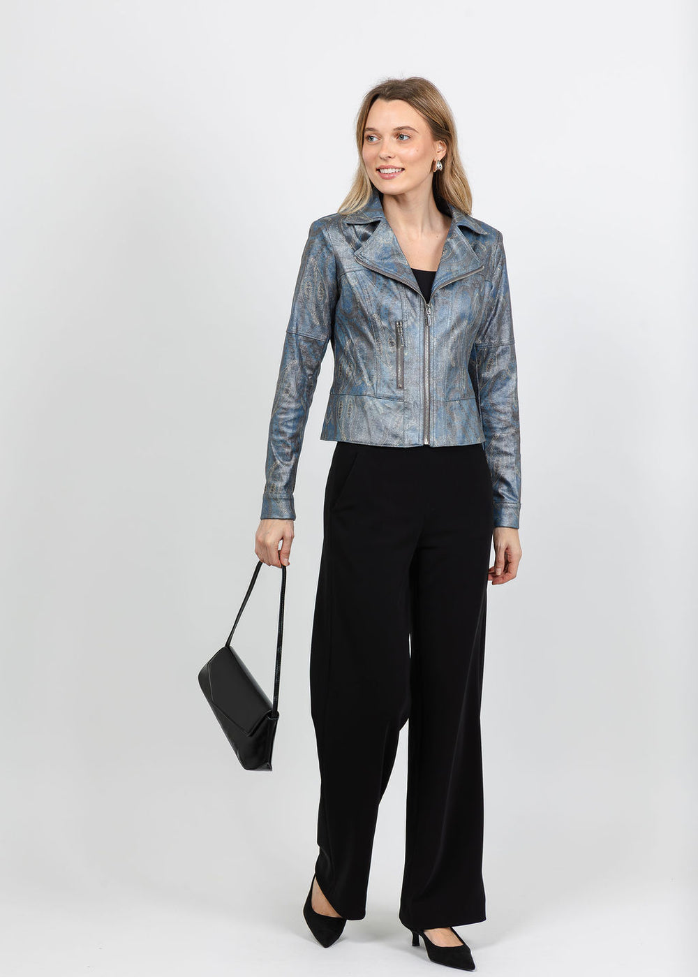 BK Liquid Printed Metallic Vegan Leather Jacket in Dusk Shades available at Barbara Katz