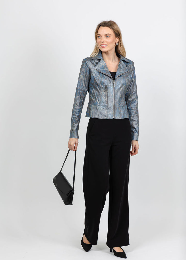 BK Liquid Printed Metallic Vegan Leather Jacket in Dusk Shades available at Barbara Katz