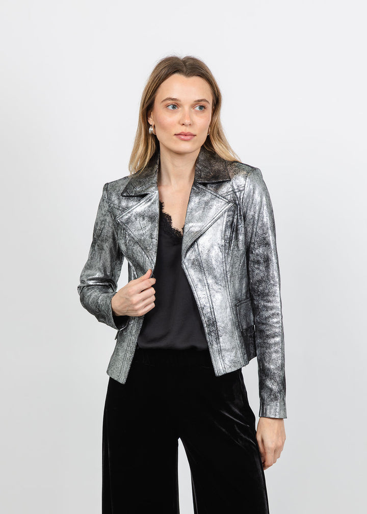 BK Liquid Silver Cowboy Distressed Jacket in Silver available at Barbara Katz