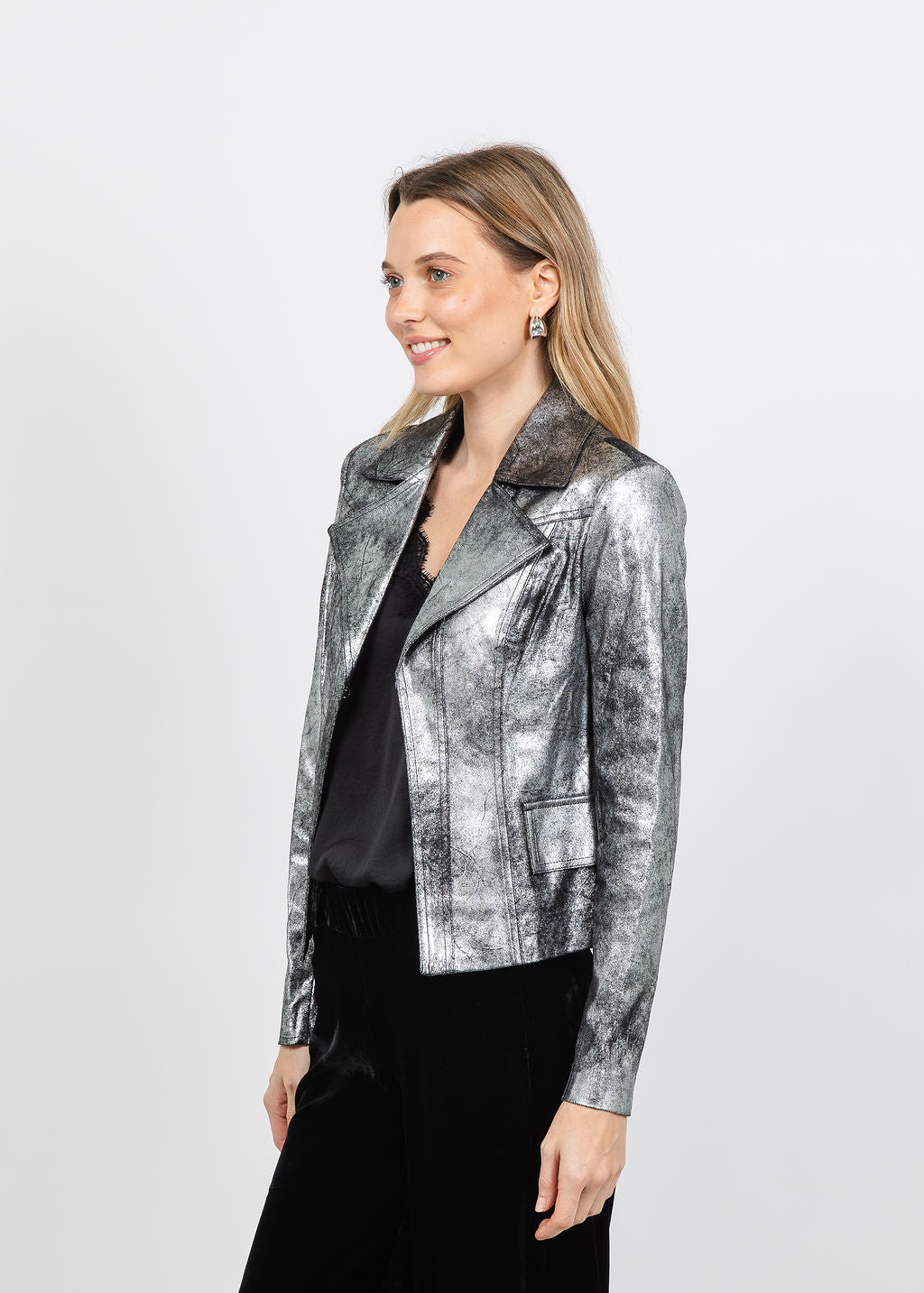 BK Liquid Silver Cowboy Distressed Jacket in Silver available at Barbara Katz