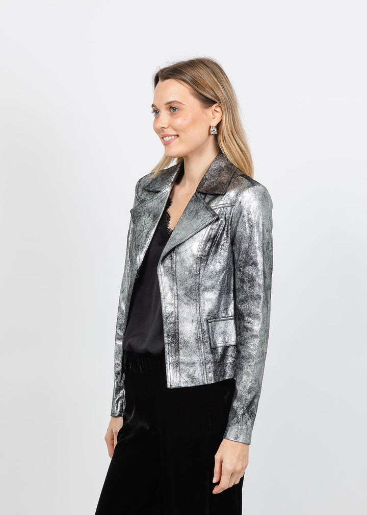 BK Liquid Silver Cowboy Distressed Jacket in Silver available at Barbara Katz