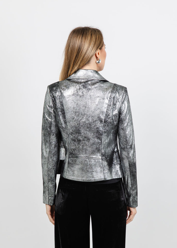 BK Liquid Silver Cowboy Distressed Jacket in Silver available at Barbara Katz