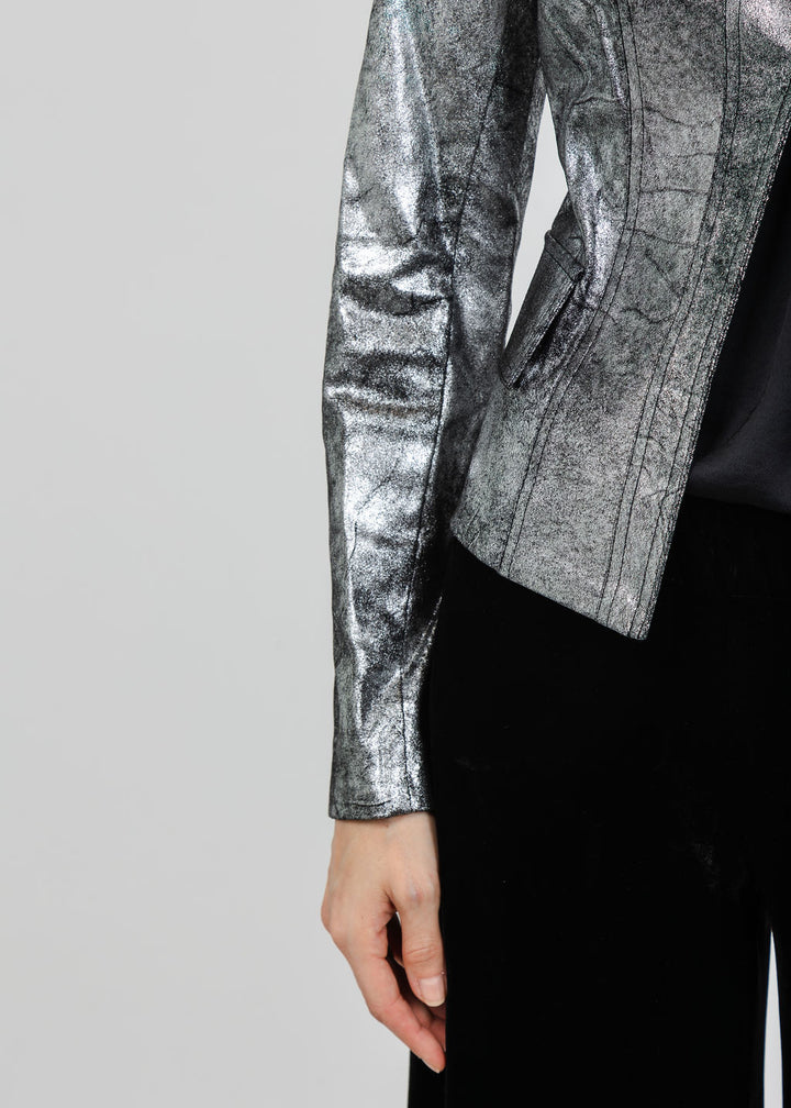 BK Liquid Silver Cowboy Distressed Jacket in Silver available at Barbara Katz