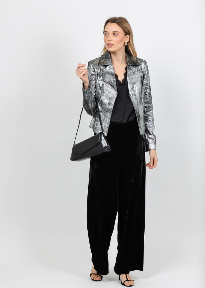 BK Liquid Silver Cowboy Distressed Jacket in Silver available at Barbara Katz