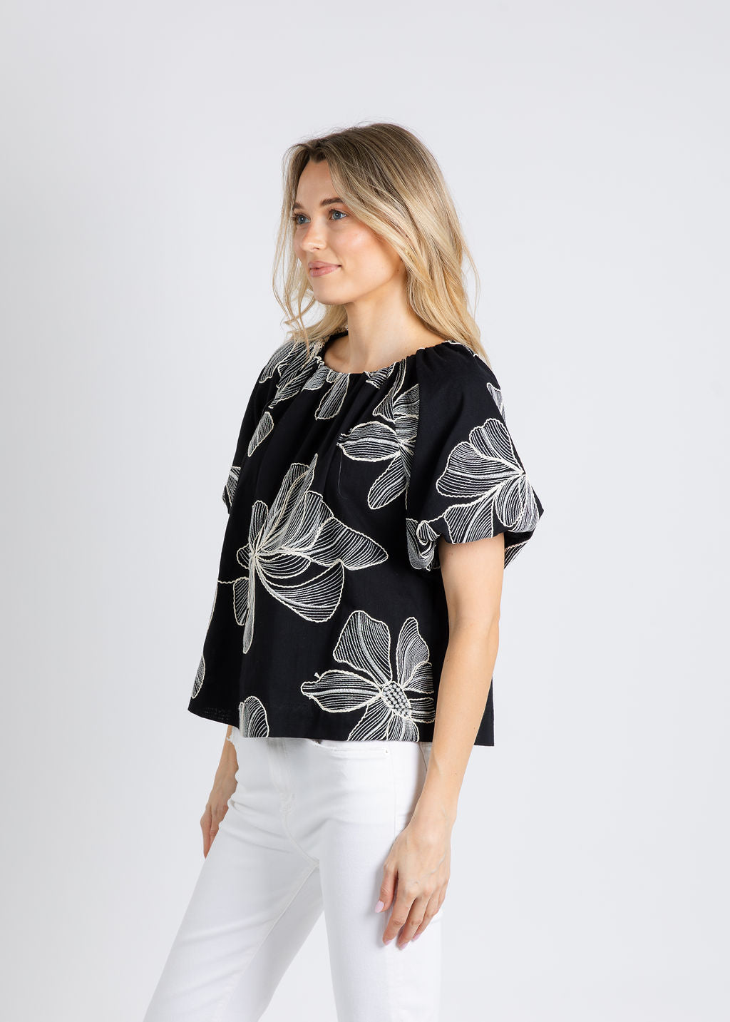 BK Lola Embroidered Floral Blouse in Black available at Barbara Katz