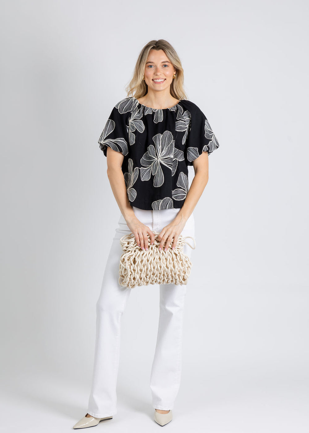 BK Lola Embroidered Floral Blouse in Black available at Barbara Katz