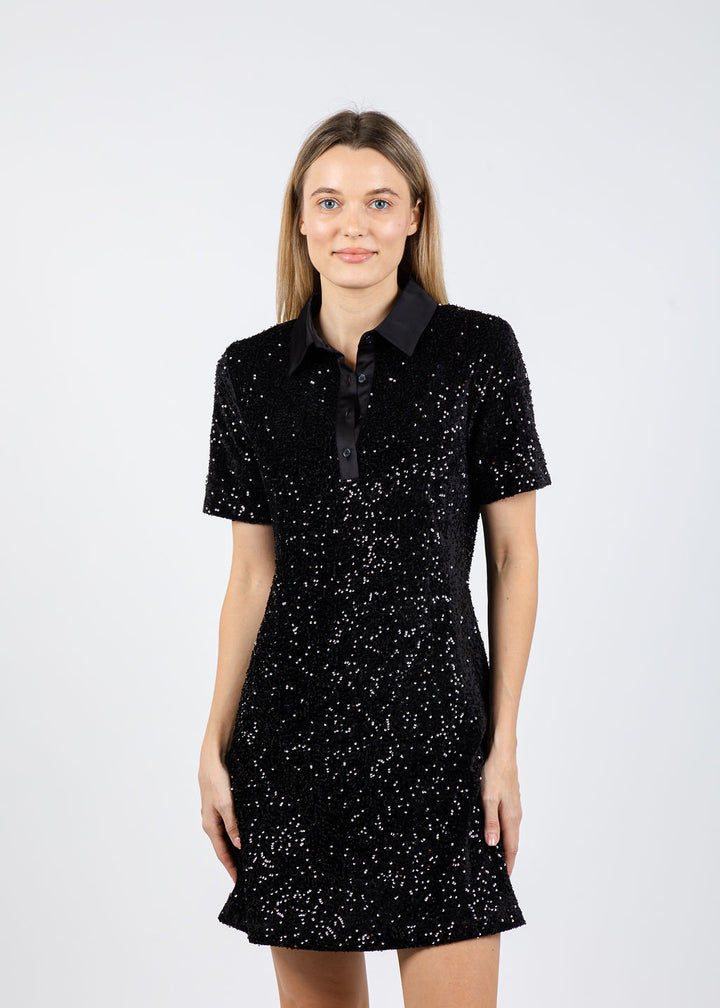 BK Lorian Sequin Polo Short Sleeve Dress in Black available at Barbara Katz