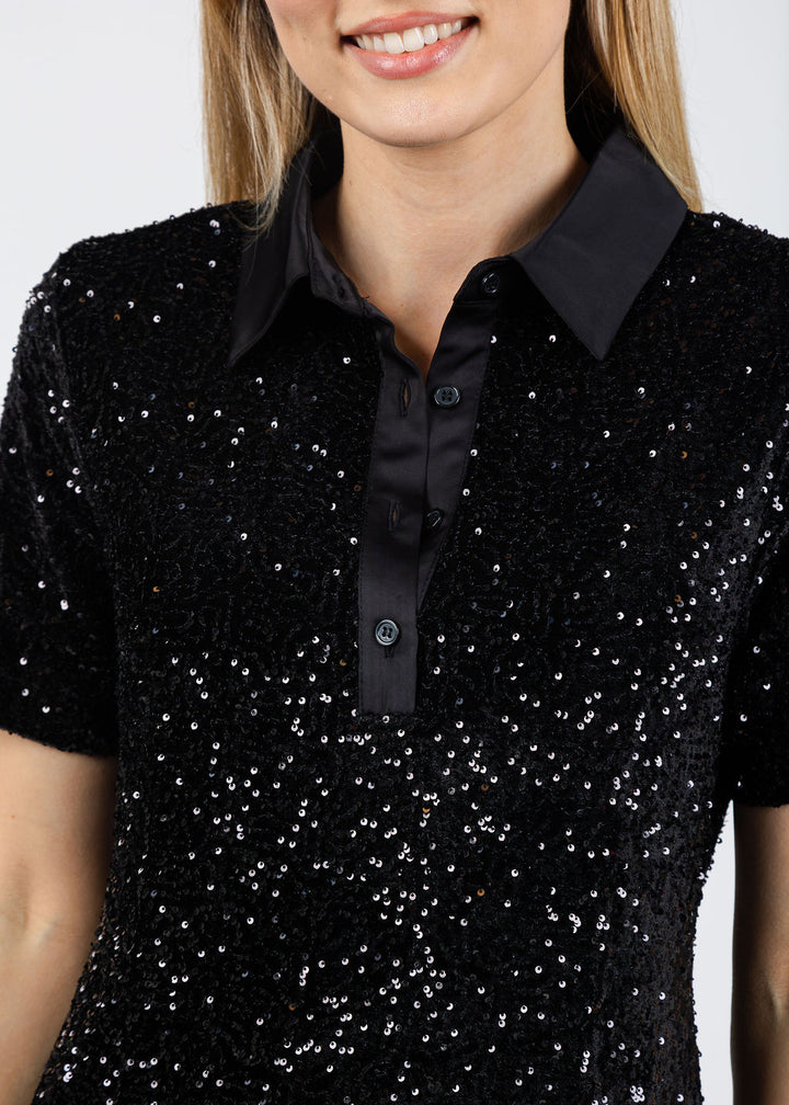 BK Lorian Sequin Polo Short Sleeve Dress in Black available at Barbara Katz