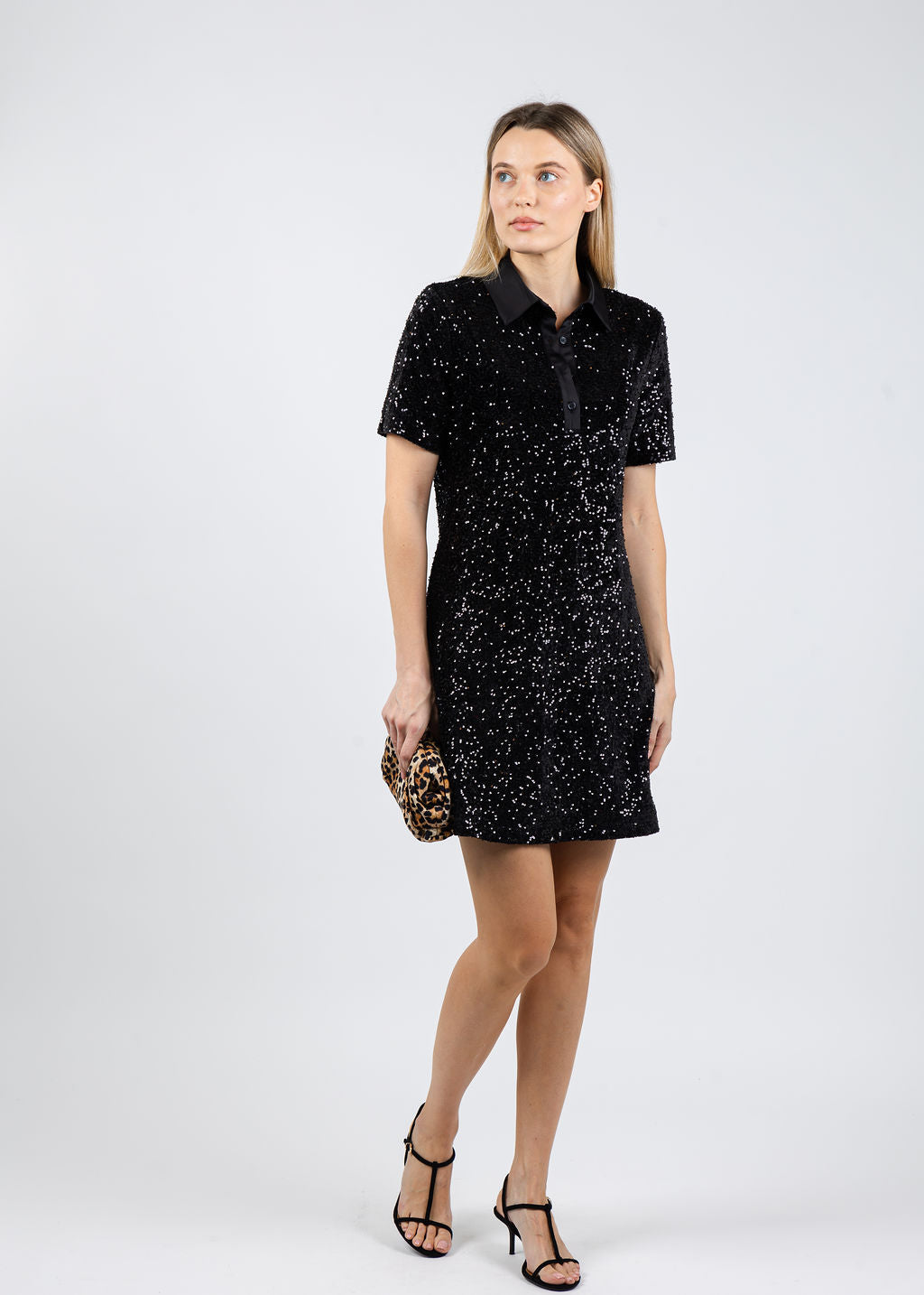 BK Lorian Sequin Polo Short Sleeve Dress in Black available at Barbara Katz