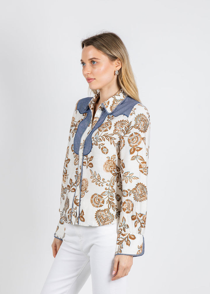 BK Lyla Denim & Print Combo Blouse in Cream available at Barbara Katz