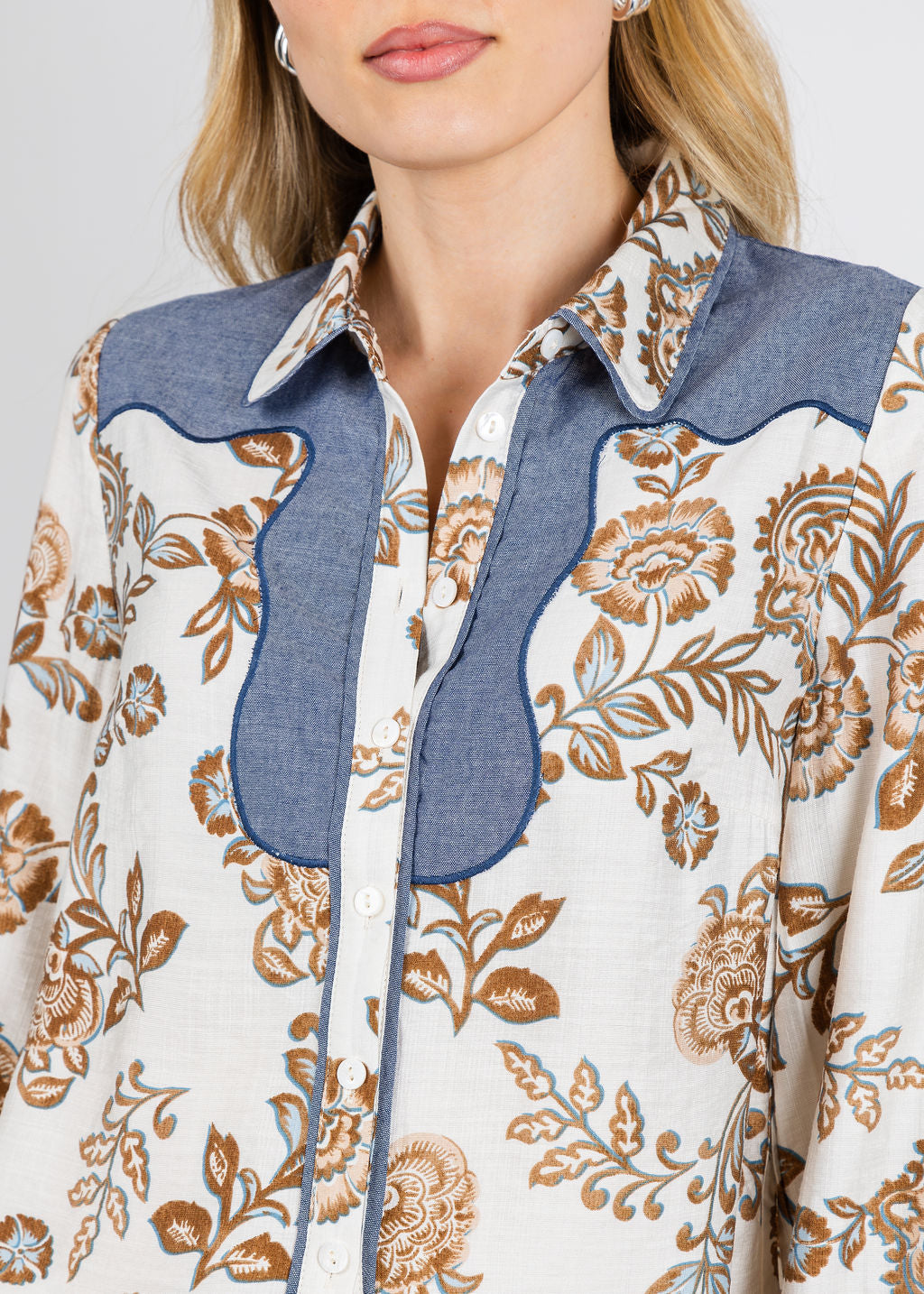 BK Lyla Denim & Print Combo Blouse in Cream available at Barbara Katz