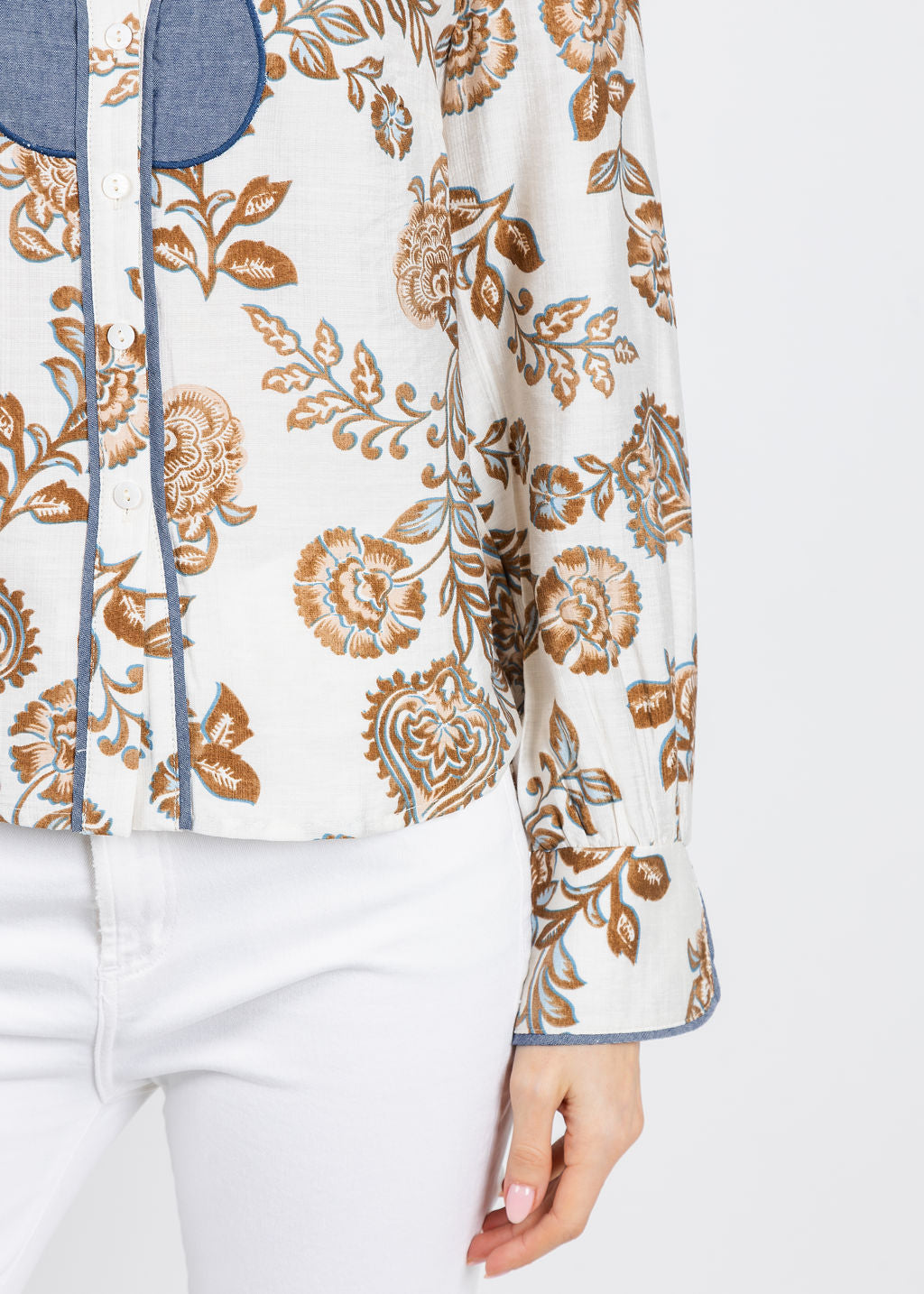 BK Lyla Denim & Print Combo Blouse in Cream available at Barbara Katz