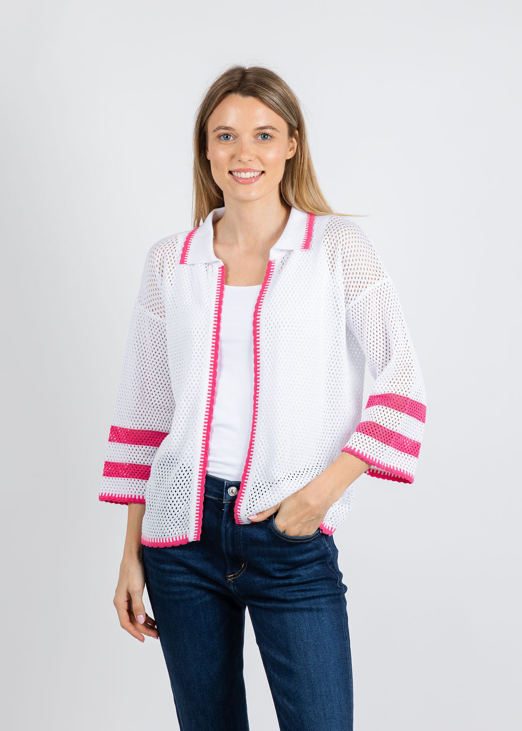 BK Madeline Crochet Collar Cardigan in White/Petal available at Barbara Katz