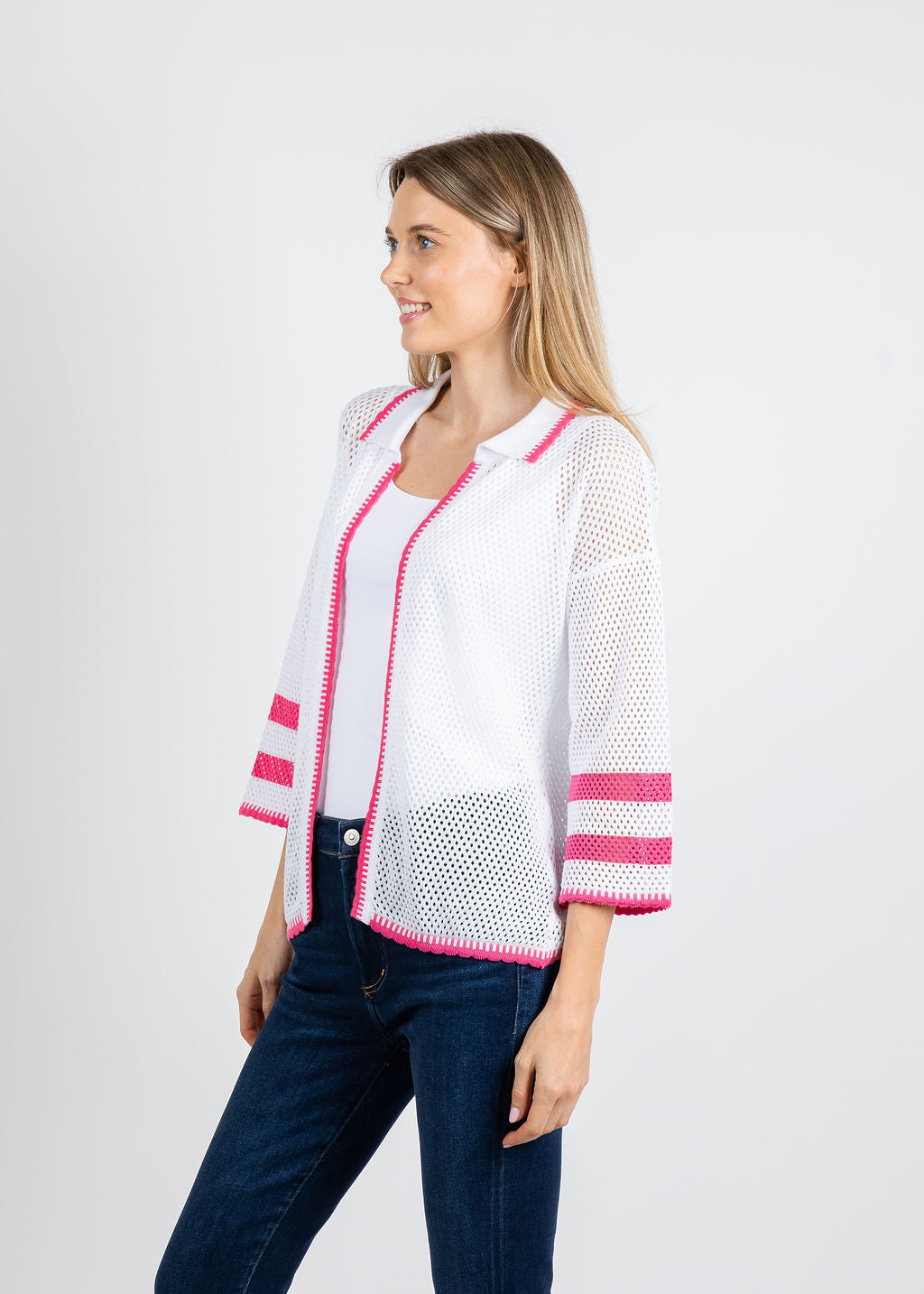 BK Madeline Crochet Collar Cardigan in White/Petal available at Barbara Katz