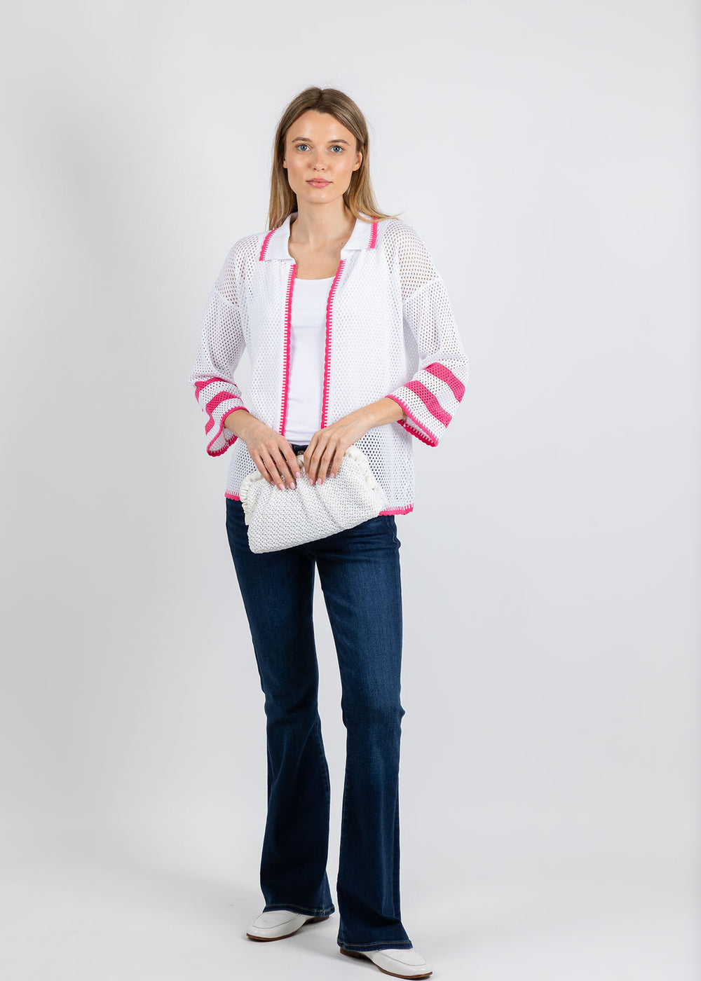 BK Madeline Crochet Collar Cardigan in White/Petal available at Barbara Katz
