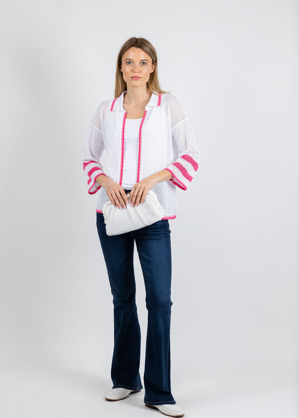BK Madeline Crochet Collar Cardigan in White/Petal available at Barbara Katz