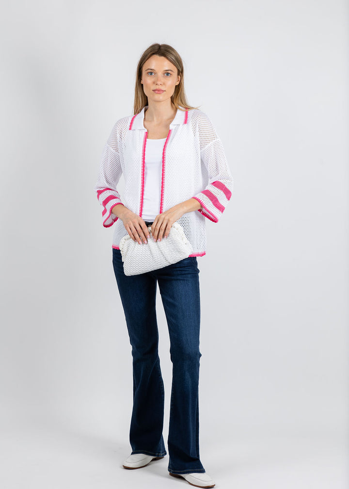 BK Madeline Crochet Collar Cardigan in White/Petal available at Barbara Katz